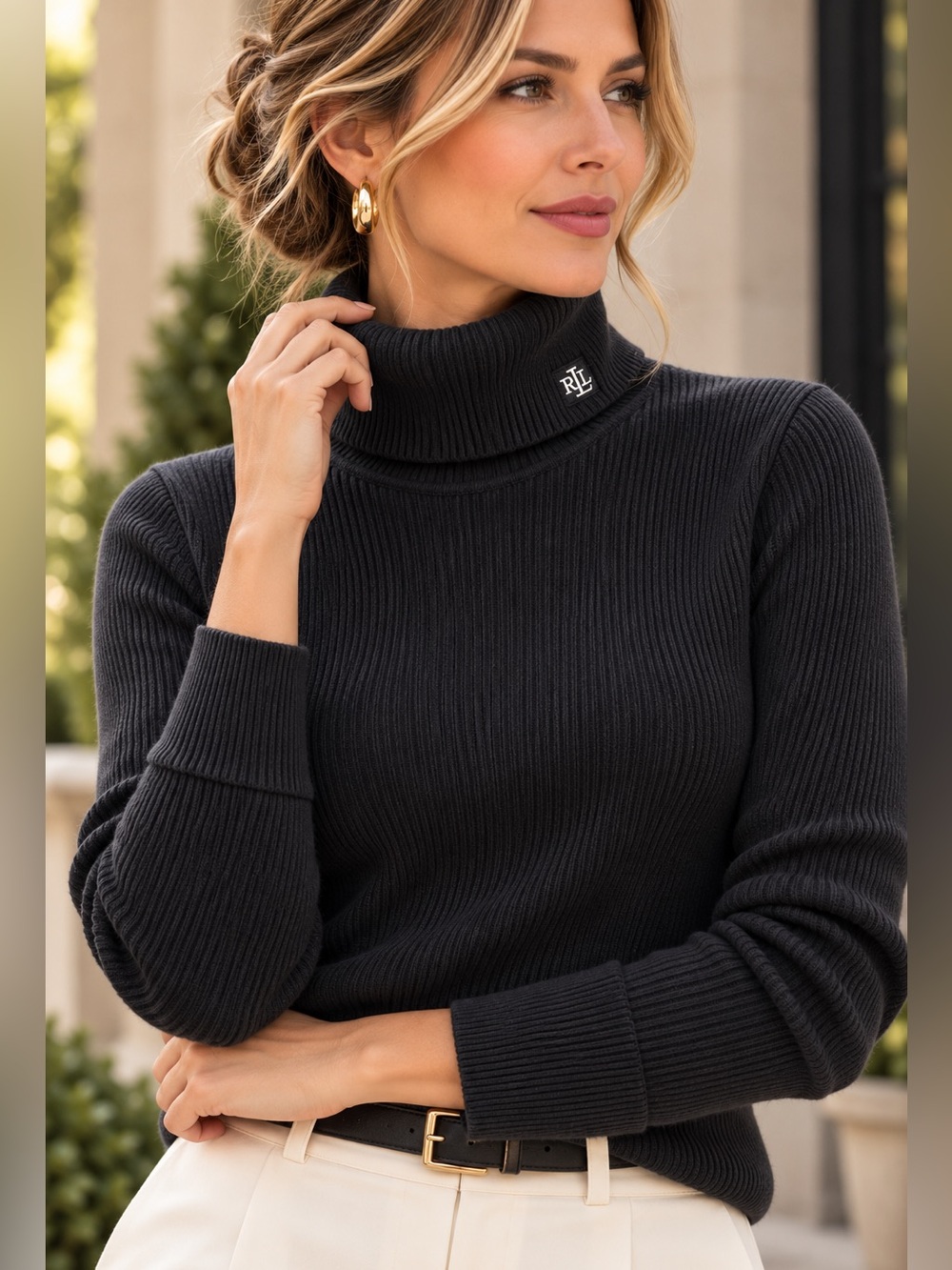 Lauren Ralph Lauren XL Black 100% Cotton Ribbed Turtleneck Sweater RL Logo